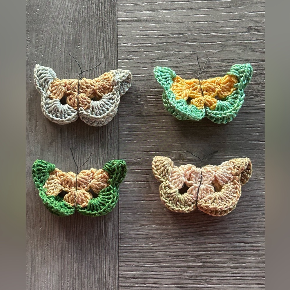 Vintage crocheted butterfly magnets set of 4 Handmade green yellow blue tan